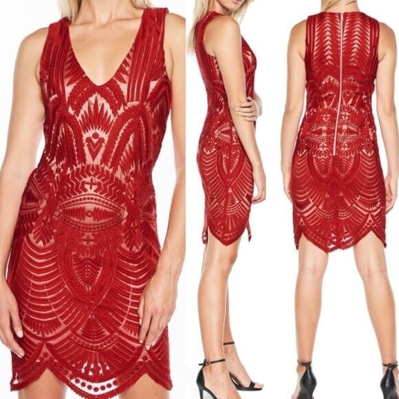 Bardot Lipstick Red Mesh Lace Embroidered Sheath Dress Sz 4/XS - Picture 1 of 14